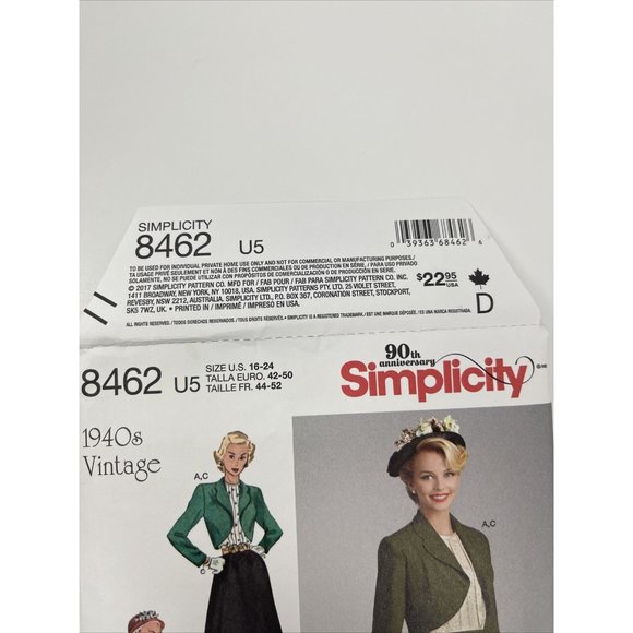 Simplicity Pattern 8462 U5 Size 16 - 24 Vintage 1940s Skirt Jacket Top UNCUT - Picture 10 of 10